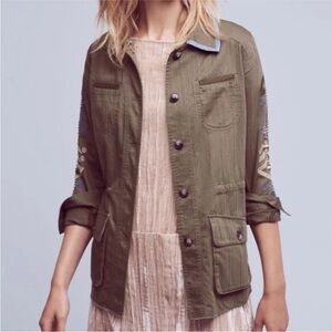 HEI HEI Anthropologie Olive Green Embroidered Medium Jacket Utility Coat